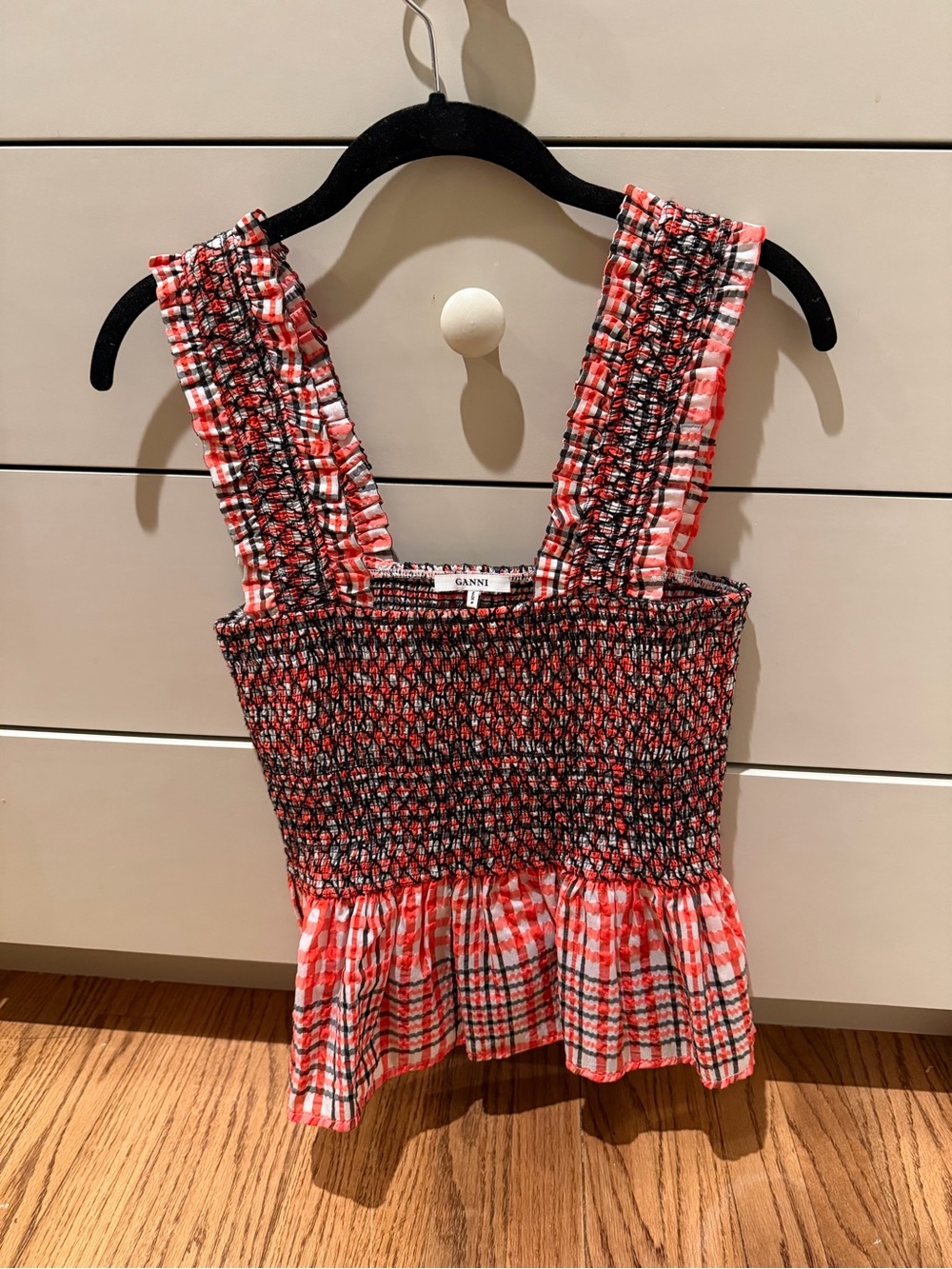 Ganni Red Black Plaid Smocked Tank Top